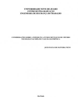 Considerações Sobre A Exposição A Fumos Metálicos De Chumbo Em Soldas Nas Mpes Do Vale Da Eletrônica - João Paulo De Oliveira Neto - Publicação