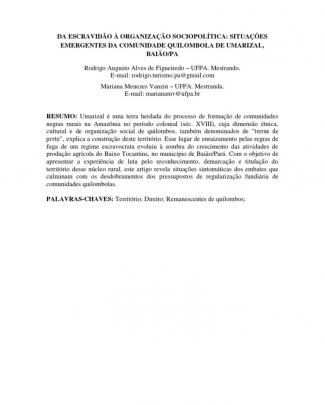 Da Escravidão à Organização Sociopolítica: Situações Emergentes Da Comunidade Quilombola De Umarizal, Baião/pa