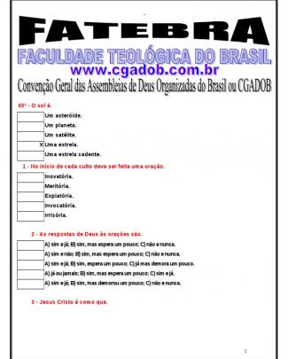 Apostila 7 -  Questionario 1 - Completo Do Curso De Introduçao Teológica Da Fatebra