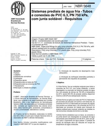 Nbr 5648 - Sistemas Prediais De Agua Fria - Tubos E Conexoes De Pvc 6 3 Pn 750 Kpa Com Junta Sold