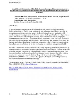 Grind Circuit Optimization Using Real-time Measurement Of Individual Hydrocyclone Overflow Stream Particle Size Enabled By Novel Cyclonetrac Technology