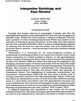 Human Studies Volume 4 Issue 1 1979 [doi 10.1007%2fbf02127456] Steven Mcguire -- Interpretive Sociology And Paul Ricoeur