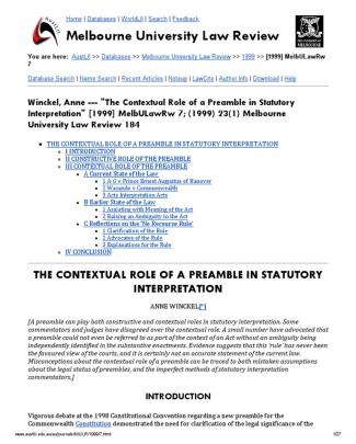 Winckel, Anne --- _the Contextual Role Of A Preamble In Statutory Interpretation_ [1999] Melbulawrw 7; (1999) 23(1) Melbourne University Law Review 184