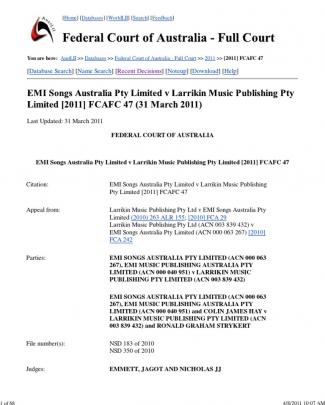 Emi Songs Australia Pty Limited V Larrikin Music Publishing Pty Limited [2011] Fcafc 47 (31 March 2011)