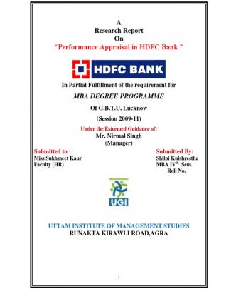 Project Report On Performance Apprasial Of Hdfc Bank Shipli Uttam Inst.