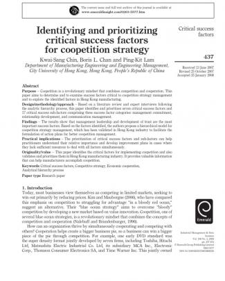 Identifying And Prioritizing Critical Success Factors For Coopetition Strategy