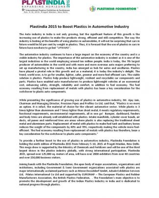 Plastindia 2015 To Boost Plastics In Automotive Industry