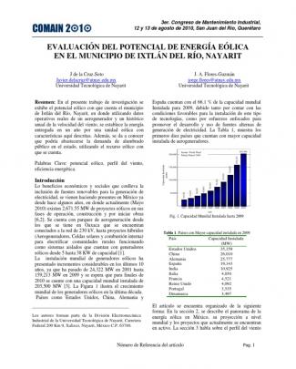 Evaluación Del Potencial De Energía Eólica En El Municipio De Ixtlán Del Río, Nayarit