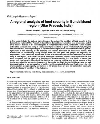 A Regional Analysis Of Food Security In Bundelkhand Region (uttar Pradesh, India)