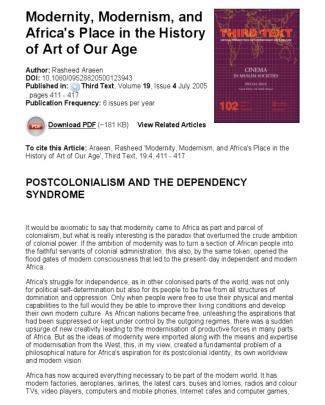 Rasheed Araeen Modernity, Modernism, And Africa's Place In The History Of Art Of Our Age - Third Text