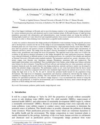 Sludge Characterization At Kadahokwa Water Treatment Plant, Rwanda