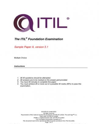 Itil Foundation Examination Samplea V5.1 Questions Answers