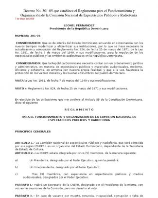 Decreto No. 301-05 Que Establece El Reglamento Para El Funcionamiento Y Organización De La Comisión Nacional De Espectáculos Públicos Y Radiofonía