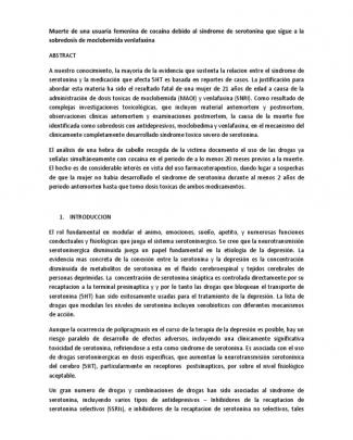 Muerte De Una Usuaria Femenina De Cocaína Debido Al Síndrome De Serotonina Que Sigue A La Sobredosis De Moclobemida Venlafaxina