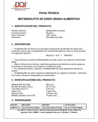 Metabisulfito De Sodio Grado Alimenticio