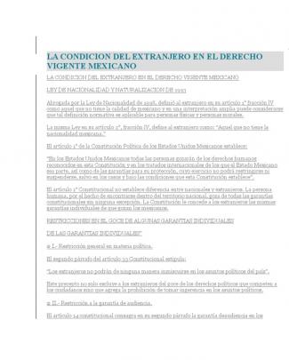 La Condicion Del Extranjero En El Derecho Vigente Mexicano Elias