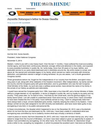 Jayanthi Natarajan's Letter To Sonia Gandhi