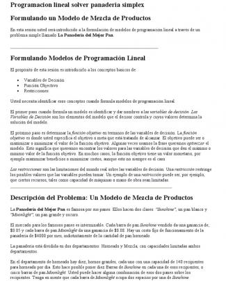 Programacion Lineal Solver Panaderia Metodo Simplex